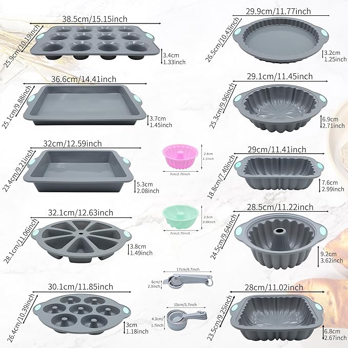 51 Piece Silicone Baking Pan Set, Non-Stick Bakeware Set with Baking Pans, Reusable Donut Mold, Food-Grade Silicone Molds for Cakes, Cookies, Muffins, Bread, Light Grey - Image 6