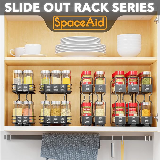 SpaceAid Pull Out Spice Rack Organizer for Cabinet, Heavy Duty Slide Out Seasoning Kitchen Organizer, Cabinet Organizer, with Labels, 7.7" W x10.75 D x10 H, 3 Drawers 2-Tier - Image 5