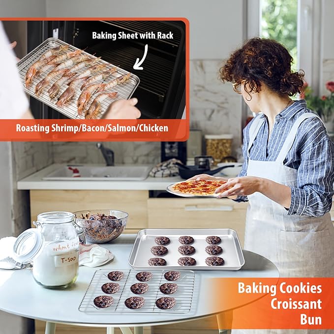 TeamFar Stainless Steel Bakeware Set of 8 | Baking Sheet and Rack, Lasagna Pan with Lid, Square & Round Cake Pan with Lid, Muffin Pan & Loaf Pan, Pizza Pan, Healthy - Image 4