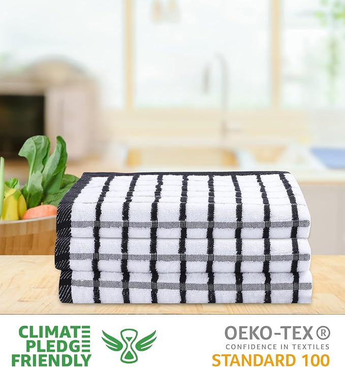Urban Villa Kitchen Towels Black/White Set of 3 Terry Kitchen Towels 100% Cotton Ultra Soft Size 20X30 Inches Highly Absorbent Over Sized KitchenTowels with Hanging Loop KitchenTowels - Image 3
