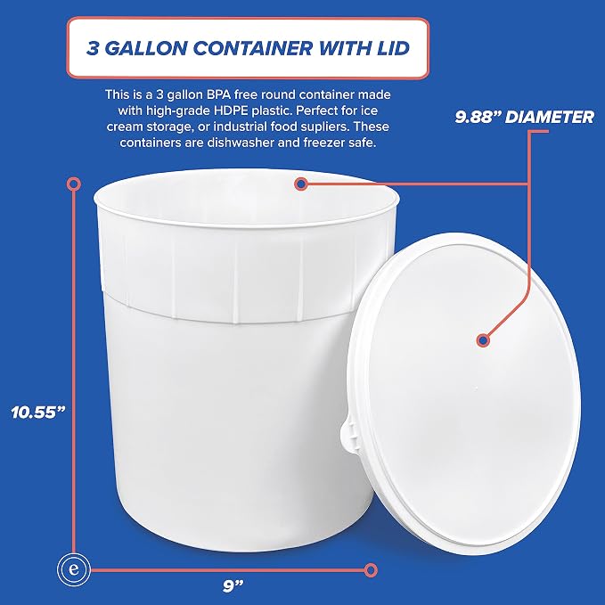 3 Gallon Ice Cream Container w/Lid, BPA Free, 10 Pack/White | Freezer Safe HDPE Plastic Round Tub for Bulk Frozen Desserts, Food Storage, Stackable Commercial Kitchen Use, Made in USA - Image 3