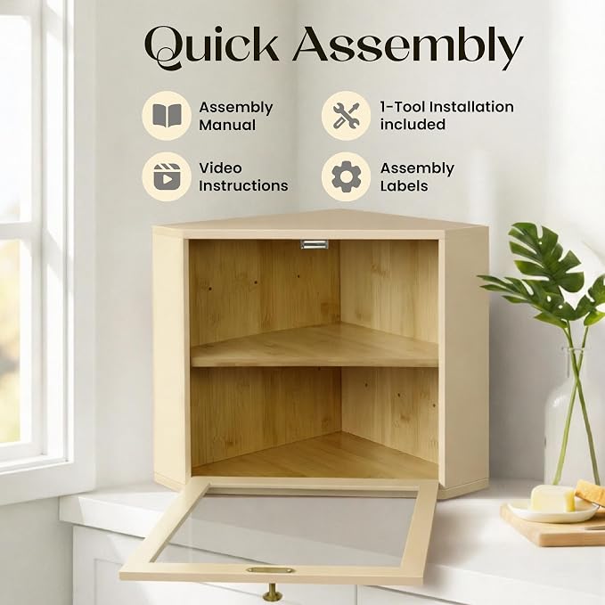 2 Tier Corner Bread Box for Kitchen Countertop, Cream | Space-saving, food-safe bamboo corner countertop cabinet featuring a modern brass knob & controlled airflow. - Image 6