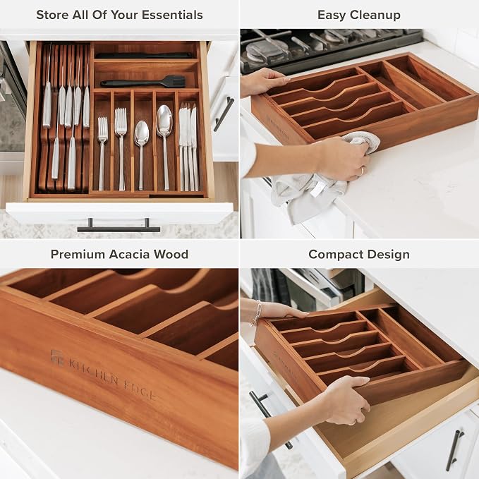 Silverware & Utensil Drawer Organizer, 10.5-19 in, Acacia | Cutlery, flatware, food-safe contract grade, kitchen drawer fit - Image 3