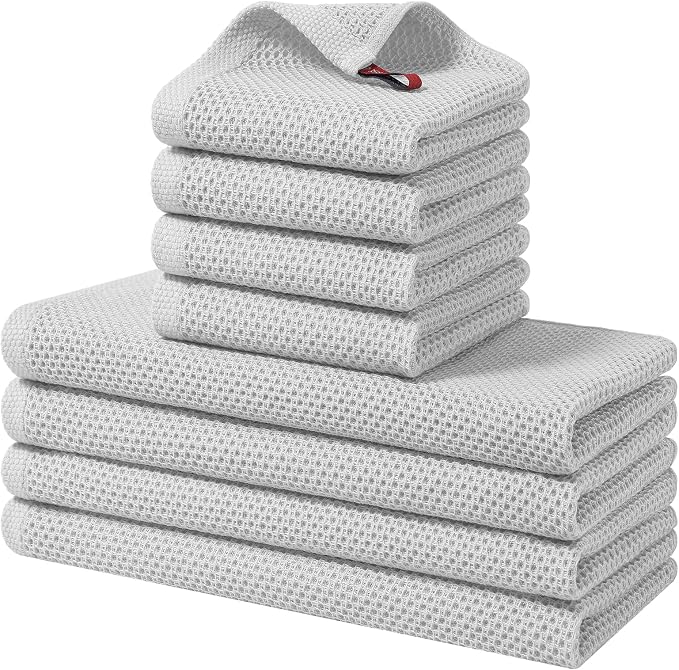 Homaxy 8 Pack 100% Cotton Kitchen Towels and Dishcloths Set, Light Gray | 12 x 12 Inches and 13 x 28 Inches Kitchen Towels Set, Ultra Soft Absorbent Dish Cloths for Washing Dishes by Homaxy
