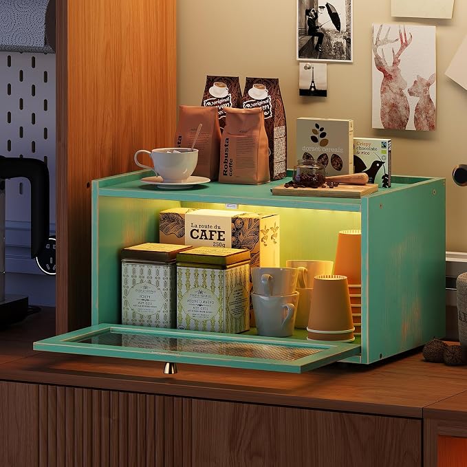 Trironsun Bamboo Bread Box with Led Light for Kitchen Counter Large Capacity Bread Storage Container Kitchen Countertop Organizer with Window Bread Holder (Antique Blue) - Image 3