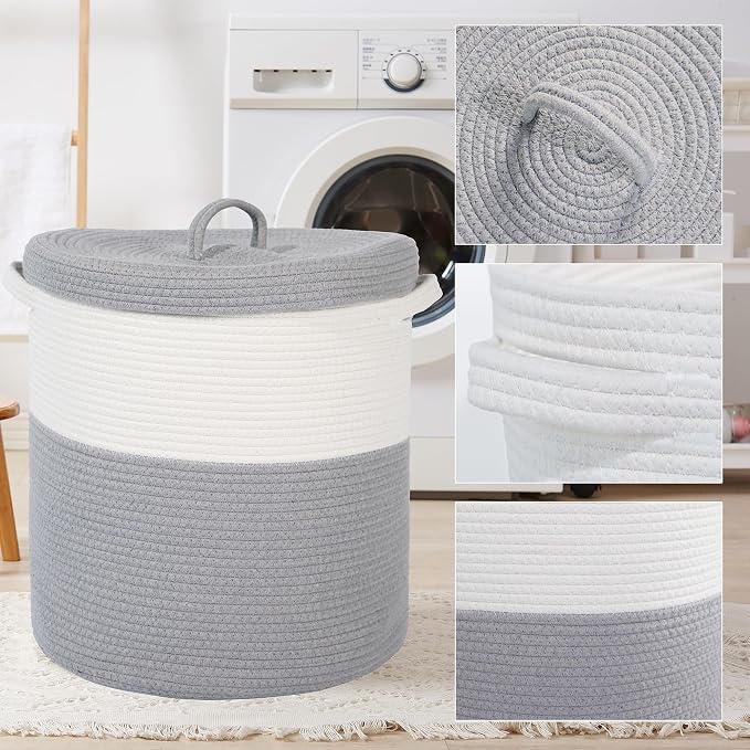 Large Storage Basket with Lid 60L, 16"Wx18"H Woven Laundry Hamper Basket with Handle, Room Decor Cotton Rope Wicker Basket Toy Organizer Bins for Clothes Blankets Pillows, Gray/White Mix includes Lid - Image 5