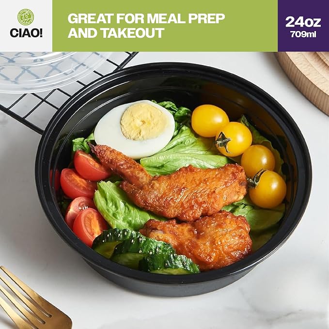 CIAO! 24oz Heavy Weight Injection Molded Microwavable Black Round Food Container with Lid (150/case) - Image 7
