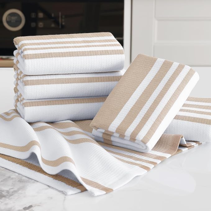 Homaxy Premium Cotton Stripe Kitchen Towels 6 Pack, 18"x 28", Khaki | Large 380 GSM Kitchen Hand Towels, Soft Terry Dish Towels, Highly Absorbent Tea Towel Set with Hanging Loop - Image 5