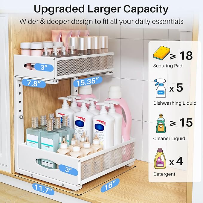 Under Sink Organizer, 2 Pack 2 Tier Pull Out Under Cabinet Organizer Shelf with Pad for Framed Cabinets, Metal Slide Out Under Sink Storage, Mesh Sliding Drawers for Kitchen Bathroom Laundry, White - Image 4