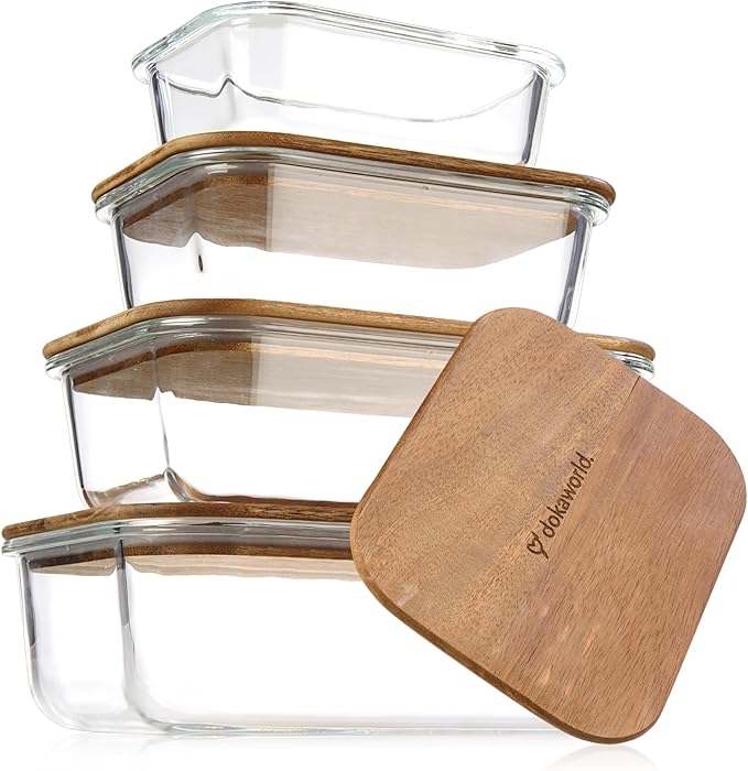 Glass Container Set with Acacia Lids - 4 Stackable Meal Prep Containers. Durable heat resistant Inert Borosilicate Glass by Dokaworld