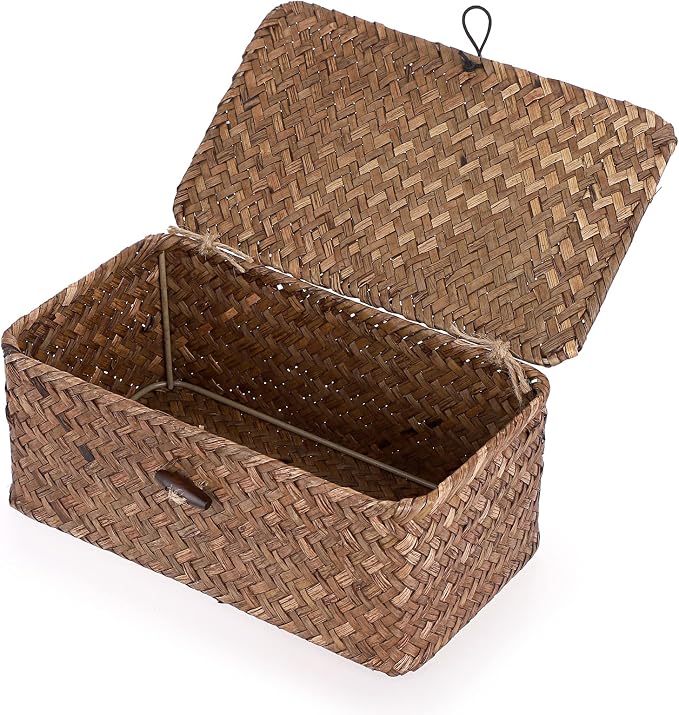 Hipiwe Wicker Shelf Baskets Bin with Lid, Handwoven Seagrass Storage Boxes | Rectangular Household Basket Boxes for Shelf Wardrobe Home Organizer, Coffee X-Small by Hipiwe
