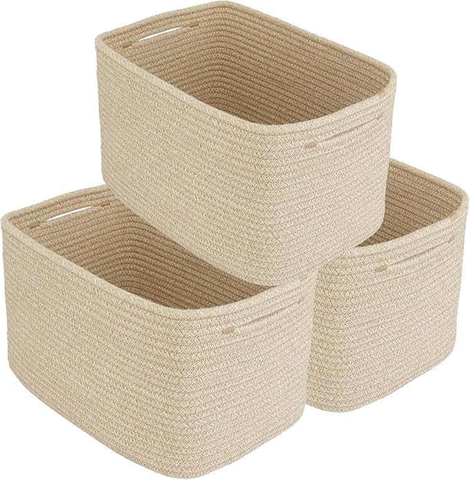 XUANGUO Woven Cotton Rope Storage Baskets 15x10x9.3" 3 Pack Oatmeal | Decorative rectangular storage baskets for shelves and closets; storage bins organize clothes, toys, books and nursery items by XUANGUO
