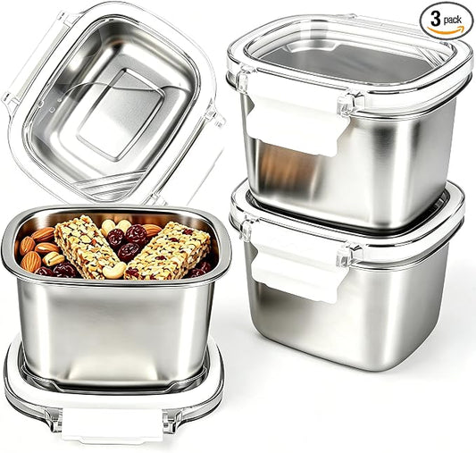 3 Pack Stainless Steel Food Storage Containers with Lids - 15.22 oz Small Snack Boxes & Lunch Containers, Shatterproof Leakproof Freezer Safe Meal Prep Containers for Portioning Snacks, Dips by Unknown