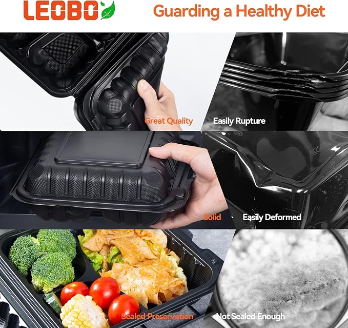 65-Pack 30oz 7.8 Inch Black Bento Box - Shrink Wrapped No Pre-Wash | 3-Compartment Reusable & Sturdy | Microwave and Freezer Safe Takeout Containers for Catering, Meal Delivery & Leftovers - Image 4