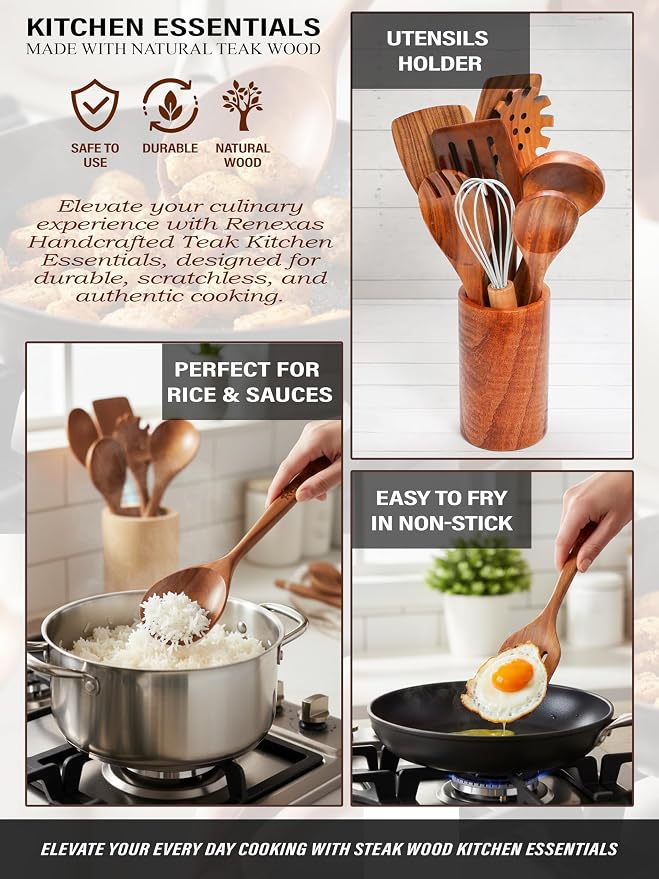 Kitchen Utensils Set, 6 Piece Teak Wooden Utensil Set for Cooking, Premium Teak Cooking Utensils, Non Toxic Wooden Spoons & Spatulas, Heat Resistant Kitchen Tools for Nonstick Cookware - Image 6