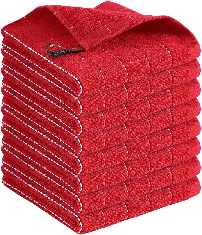 Kitinjoy 100% Cotton Terry Kitchen Dish Cloths, 12”x 12”, 8-Pack, Red | Ultra Soft and Absorbent Dish Towels for Kitchen, Suitable for Drying and Washing Dishes by Kitinjoy
