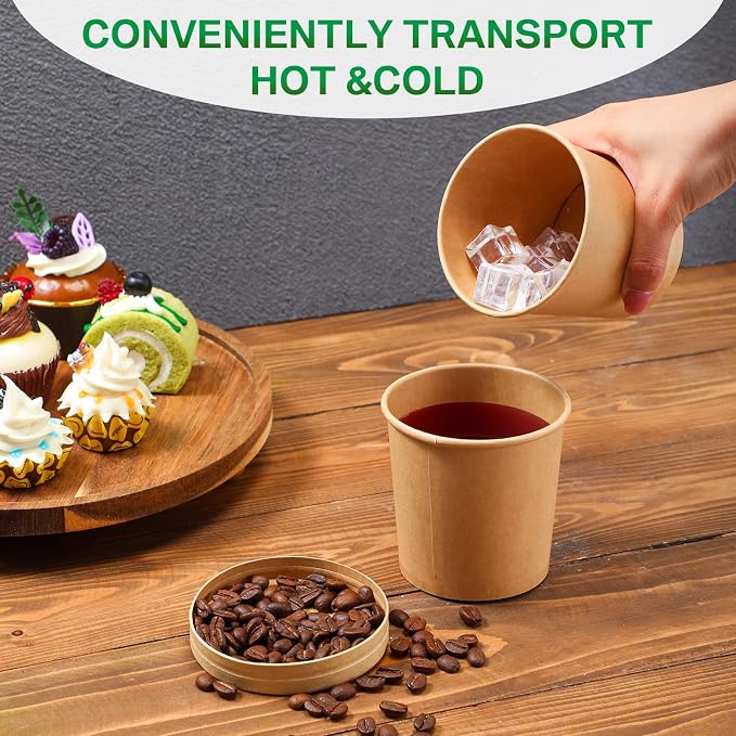 Irenare 200 Pack 12 oz Disposable Containers with Lids for Soup Ice Cream Food Fruit Bulk Paper Bowls Storage Cups with Lids, Microwavable and Freezer Safe(Brown) - Image 4