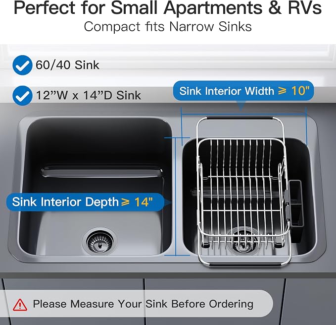 JASIWAY Sink Small Dish Drying Rack with Utensil Holder, for RV, Apartment | Over Sink Expandable Stainless Steel Dish Drainers for Compact Kitchen, Space Saving, Fast Drain, Rustproof, For 1-2 people - Image 3