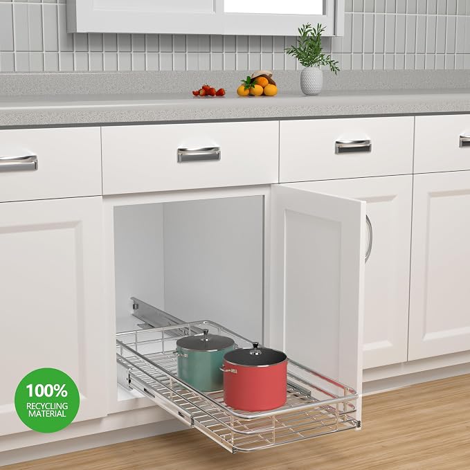 Pull Out Shelves For Kitchen Cabinets 11" W x 21" D, Chrome | Heavy-Gauge Wire Kitchen Cabinet Organizer, 100 lbs Capacity, Ball-Bearing Glides, Min 12" Opening, Under Sink Organizer - Image 2