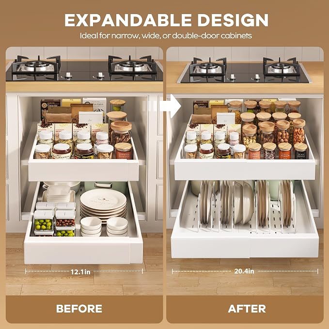 Seinloes 6 Pack Pull out Cabinet Organizer 21"Deep with Raising Pad for Framed Cabinets, Expandable Slide out Drawers for Kitchen Cabinets with 6pcs Divider Racks, Roll out Shelves 12.1"-20.4" W White - Image 3