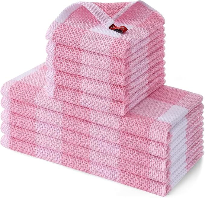 Homaxy Kitchen Towels and Dishcloths Set, Set of 10, White & Pink | Bulk Cotton Waffle Weave Check Plaid Kitchen Towels, Super Soft and Absorbent Dish Cloths, 12 x 12 and 13 x 28 Inches by Homaxy