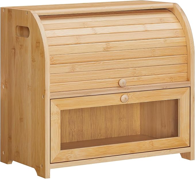 HOOBRO Bread Box, Bamboo Bread Box for Kitchen Countertop, 2 Tier Roll-Top Bread Bin, Food Storage Box, Large Capacity Keeper, Wooden Storage Cabinet, for Kitchen, Dining Room, Natural YL13MB01 by HOOBRO