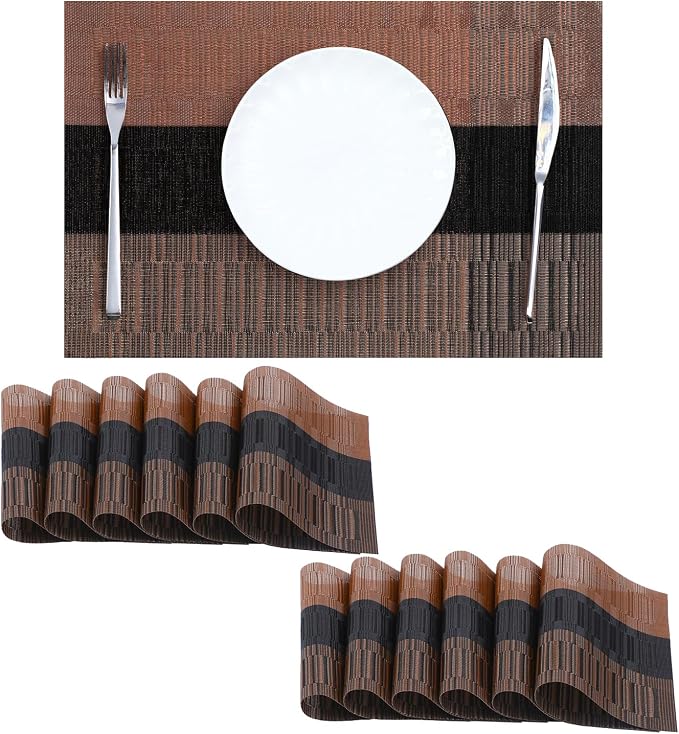 Leetaltree Brown with Black Striped Placemats Set of 12 - Heat Resistant Non-Slip Place mats for Dining Table, Washable Durable PVC Vinyl Woven Table Mats（Brown Stripe, 12） by Leetaltree-ArtatEveryTable