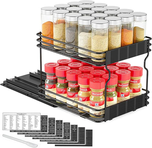 SpaceAid Pull Out Spice Rack Organizer for Cabinet, Heavy Duty Slide Out Seasoning Kitchen Organizer, Cabinet Organizer, with Labels, 8.5" W x10.75 D x8.5 H, 1 Drawer 2-Tier by SpaceAid