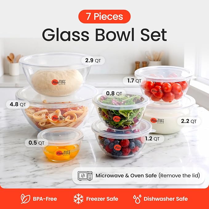 14pcs Set Salad Bowls (7 Airtight & 7 Lids) | Clear Salad Mixing Bowl for Cooking, Baking, Prepping | BPA Free, Dishwasher, Microwave & Freezer Safe Food Containers for Kitchen - Clear - Image 2