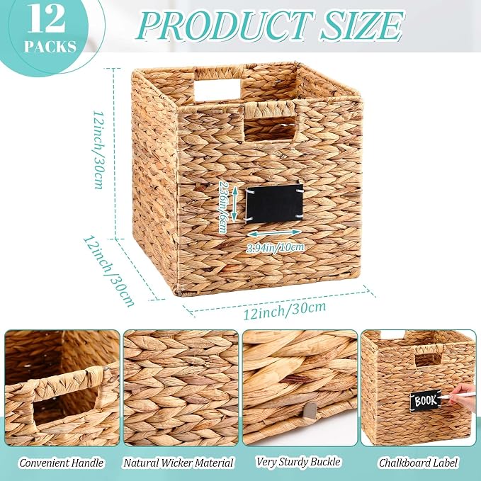Jinei 12 Pcs Wicker Storage Basket Bulk, 12 x 12 Inch Handwoven Water Hyacinth Folding Cube Bin with Handles Labels for Shelves Pantry Laundry Organization - Image 2