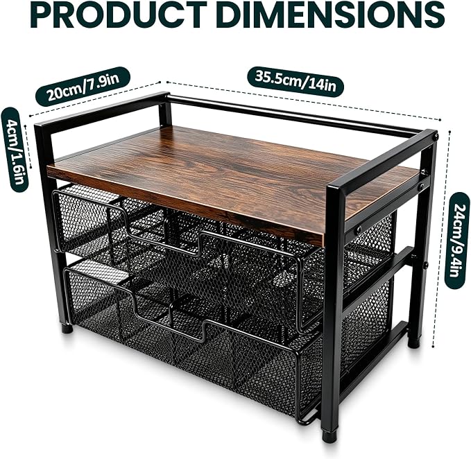 Double Drawer Tea Bag Organizer with 16 Compartments Tea Box | wood and metal frame,Smooth sliding drawers, compact for counter/desk, natural wood finish, for kitchen office coffee station - Image 2