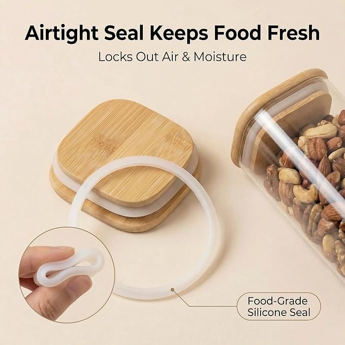 Airtight Glass Storage Containers with Lids 8 Pack, 25/37 /50oz Square Glass Jars with Bamboo Lids, Kitchen Canister Set for Pantry Organization Food Storage for Flour Sugar Rice Pasta Cereal - Image 3