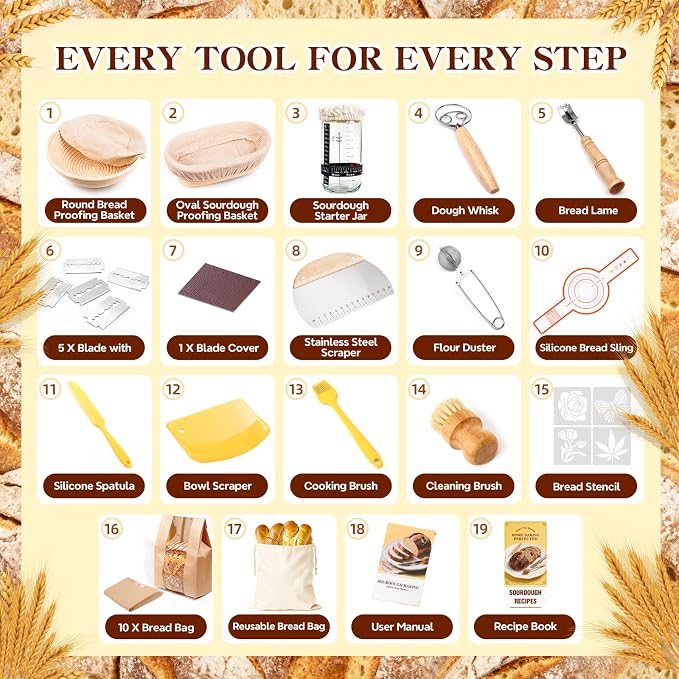 Sourdough Starter Kit, Sourdough Bread Baking Supplies, Round & Oval Banneton Bread Proofing Basket, Bread Sling, Starter Jar, Dough Whisk, Scrapers, Stencils & Bag, Complete Sourdough Kit Gifts - Image 7