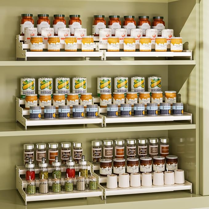 Expandable Carbon Steel Spice Rack Organizer for Pantry, Adjustable 3-Tier Ladder Shelf,Holds Up to 24 Cans,Kitchen Countertop Organizer, Rustproof Storage Rack for Spices, Cans, Sauces & Dry Goods - Image 3