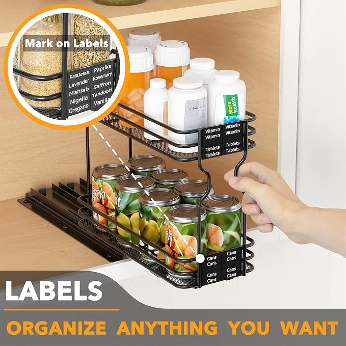 SpaceAid Pull Out Spice Rack Organizer for Cabinet, Heavy Duty Slide Out Seasoning Kitchen Organizer, Cabinet Organizer, with Labels, 4.5" W x10.75 D x8.5 H, 1 Drawer 2-Tier - Image 6