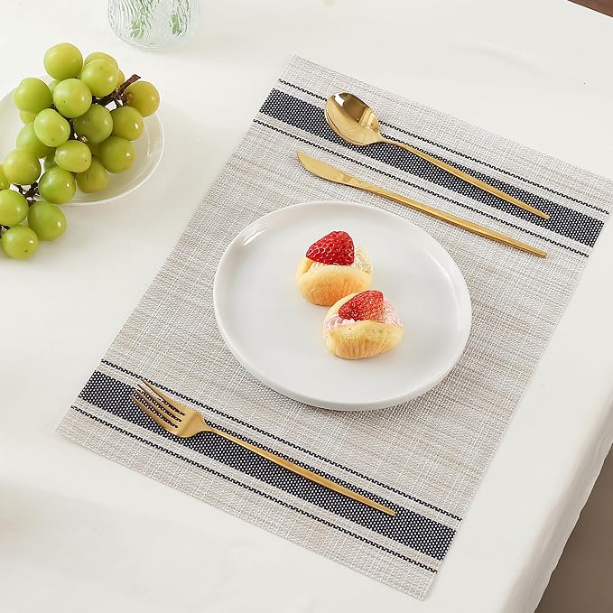 Leetaltree Khaki-Blue Placemats, Heat Resistant Non-Slip Place mats for Dining Table, Washable Durable PVC Vinyl Woven Table Mats (Set of 12) - Image 8