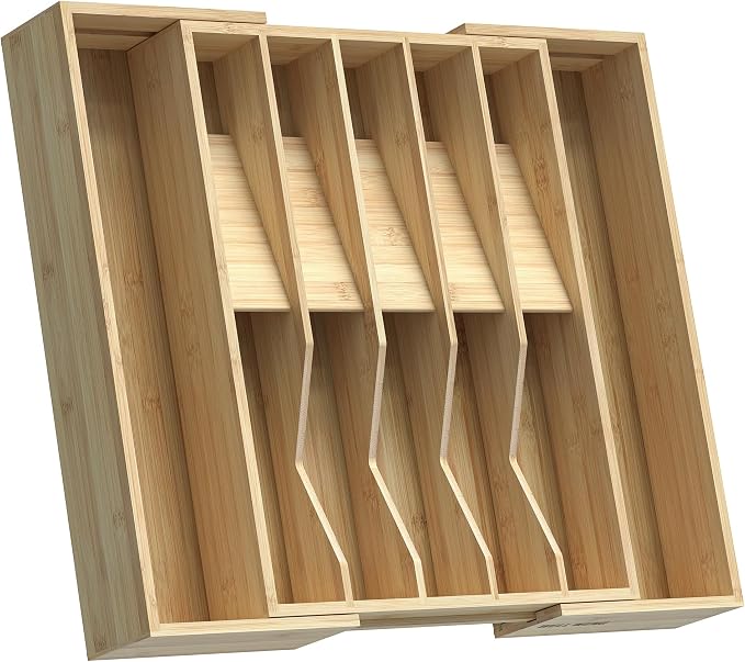 Expandable Utensil Drawer Organizer for Silverware,Bamboo 12 Slot | V-Groove & Anti-Slip Blocks, Vertical Storage,16.7" D x 13”-20" Wx 2.56" H, Cutlery Holder Dividers for Spoons Forks Knives by WELLWENG