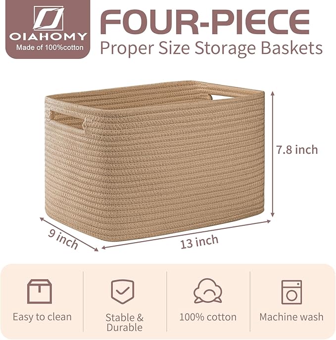 OIAHOMY 4 Pack Storage Baskets for Organizing, Cube Storage Bins for Shelves, Rectangle Storage Baskets With Handles, Woven Baskets for Storage, 12.7''Lx9''Wx7.8''H, Yellow - Image 2