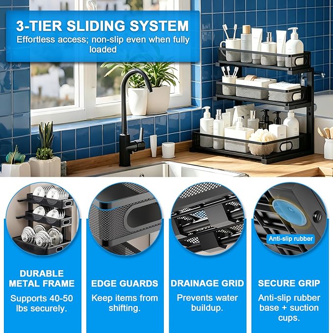 Under Sink Organizer,3-Tier Thickened Metal Pull out Cabinet OrganizerShelf | Height Adjustable Slide out Storage Drawer Rack for under sink organizer bathroom Kitchen,Laundry Room & Pantry - Image 7
