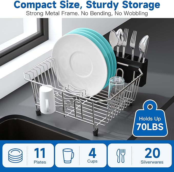 JASIWAY in Sink Dish Drying Rack, Stainless Steel Small Dish Drainer | Perfect Fit 12"x14" Double Bowl Sink, Counter Space Saving for Kitchen, Apartment, Sturdy Dish Dryer with Utensil Holder - Image 5