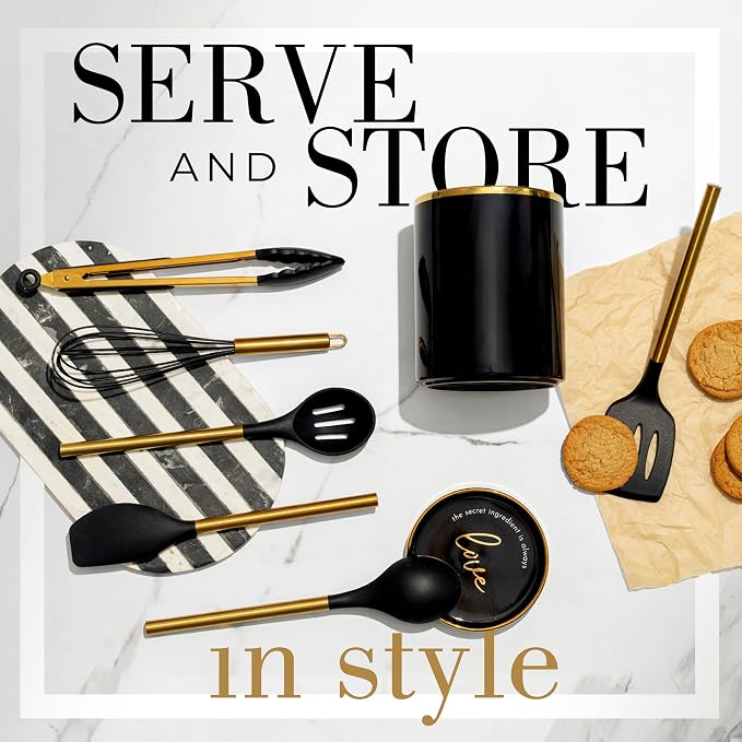 Styled Settings Black and Gold Kitchen Utensils Set with Holder, 8-Piece | Heat Resistant, Nonstick, Black Silicone Cooking Utensils Set, Ceramic Utensil Holder & Stackable Gold Spoon Rest - Image 4