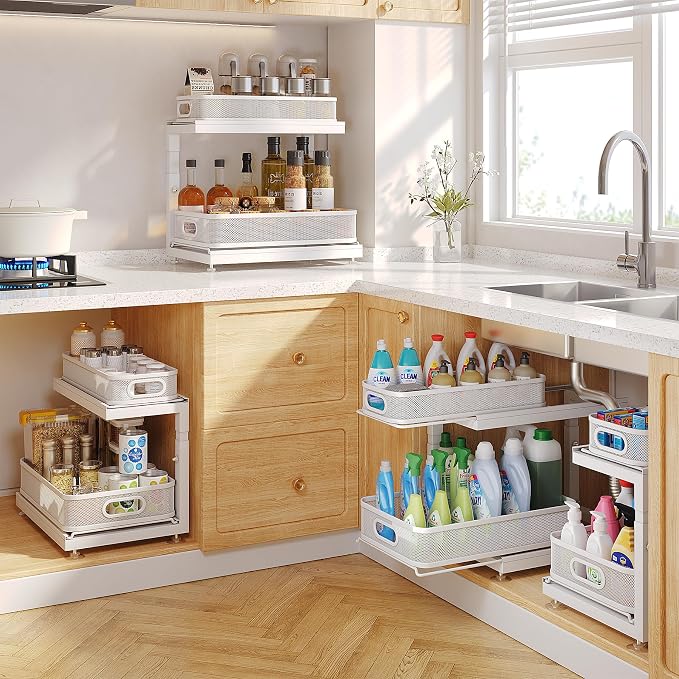 2-Pack Under Sink Storage Organizer with 2-Tier Slide Out Drawer, Sophisticated Mesh Pull Out Shelf for Kitchen & Bathroom, Fits Small Items, Upgraded Arched Track for Smooth Gliding(Patented) - Image 8