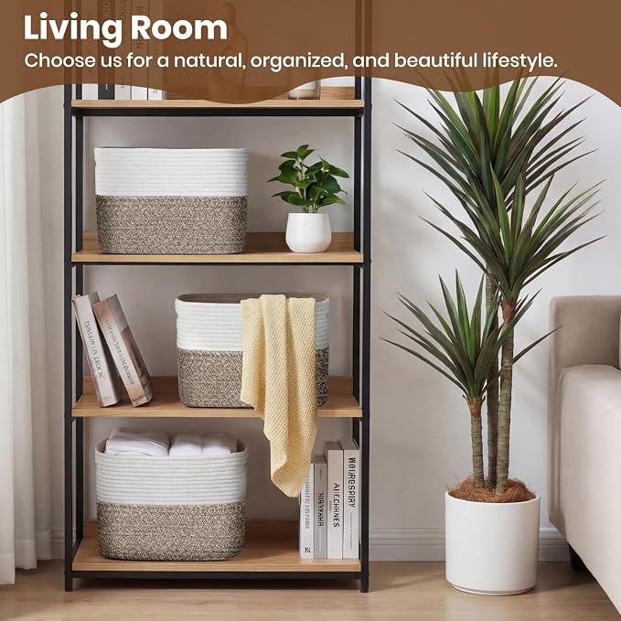 Storage Baskets for Organizing, 14 x 10 x 9” Closet Shelf Woven Baskets, Square Bins with Handles, Cotton Rope Basket for Clothes, Office, Room, White+Dark brown 1 Pack - Image 3