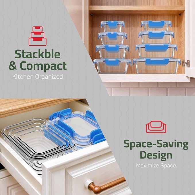 Emporio Kitchen Borosilicate Glass Food Storage Containers with Lids 24 Pieces, BPA-Free Stackable Lunch & Leftover Containers, Microwave, Freezer & Dishwasher Safe, 100% Airtight Leak-Proof, Blue - Image 9