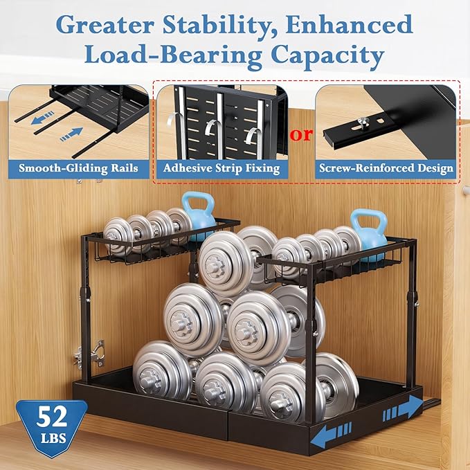 Aisslro Under Sink Organizer, 2 Tier Pull Out Cabinet Organizer, Expandable & Adjustable Slide Out Shelf 13.2''–20.3'', Under Sink Storage for Kitchen Bathroom Laundry Cabinet Storage, Black - Image 5