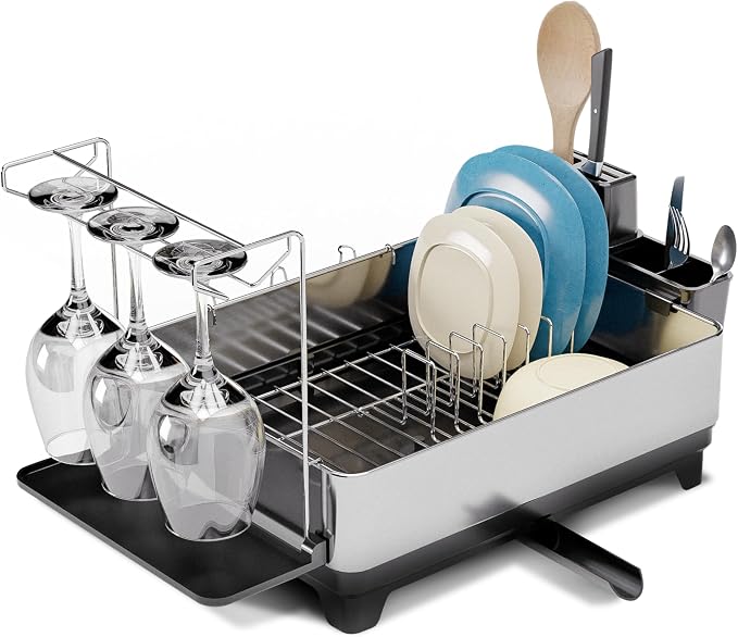 Home Zone Living Dish Drying Rack for Kitchen Counter | Stainless Steel with Drip Tray, Extendable Water Drainage Pipe, and Holders for Utensils, Wine Glasses and Cutting Board by HomeZoneLiving