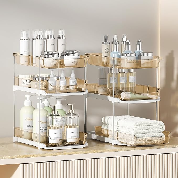 Delamu 2 Pack 3-Tier Bathroom Under Sink Organizers and Storage, Multi-Purpose Stackable Pantry Organization and Storage, Pull Out Clear Kitchen Bathroom Cabinet Organizer with Movable Dividers, Amber - Image 5