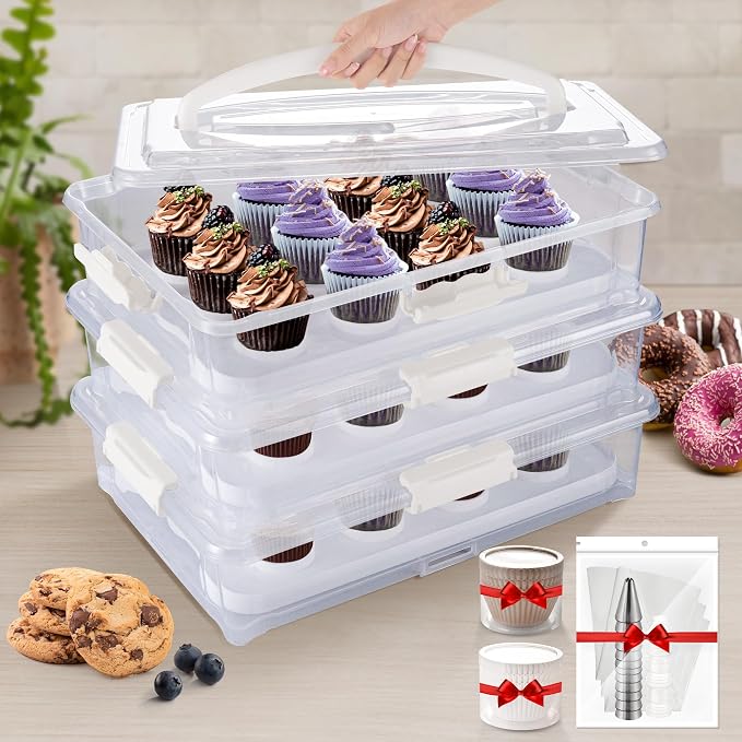 ARC 3-tiers White Cupcake Carrier, Holds up to 36 Cupcakes or 3 Large Cakes | Cupcake Holder and Cake Transport Container- BPA-Free, Great for Parties & Festivals by ARCUSA