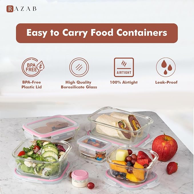 Razab 35 Pc Set Glass Food Storage Containers with Lids - Meal Prep Airtight Bento Boxes BPA-Free 100% Leak Proof (15 lids,15 glass & 5 Plastic Sauce/Dip Containers) - Image 7