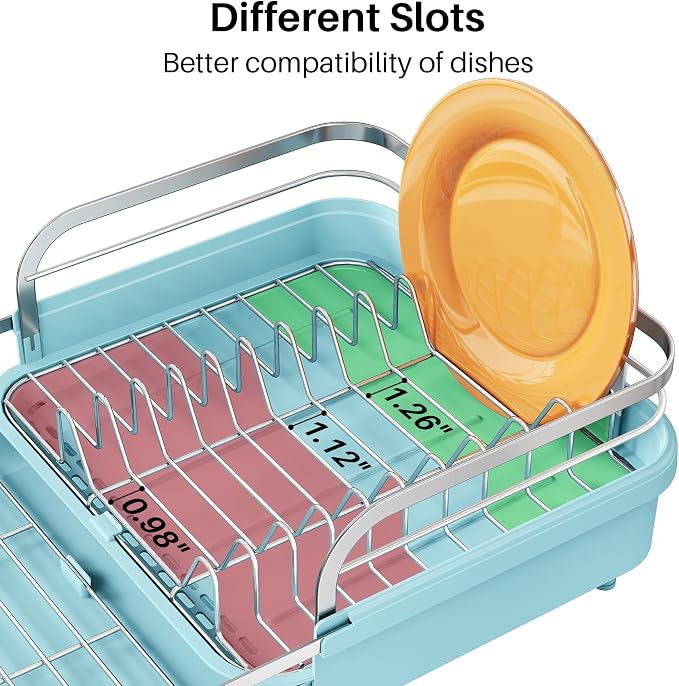 SNTD Expandable Dish Drying Rack for Kitchen Counter, 15.2-22.1 in, Blue | Rust-Resistant Stainless Steel, Protective Side Rails, Self-Draining Drainboard, Removable Utensil Holder - Image 6